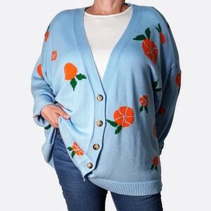 ASOS Curve Intarsia Knit Fruit Print Cardigan 2X 3X Blue Orange Sweater Playful